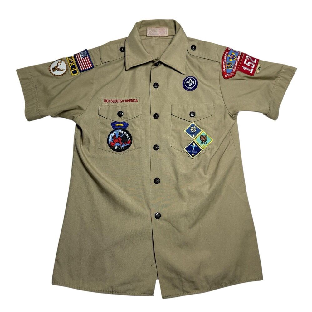 Boy Scouts of America Uniform Shirt Youth L USA Official Patches Beige Tan